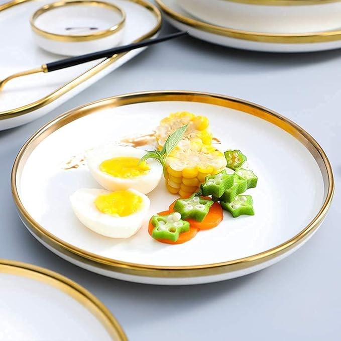 Dinnerware Set Luxury Family Dinner Service Set, Dinnerware Sets Service for 2/4/6, Kitchen Plates and Bowls Sets White, Luxury Bone China Tableware, Nordic Gold Porcelai,26pcs