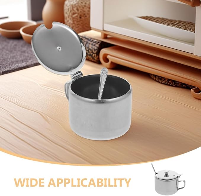 BESTonZON 3 Set Condiment Jars With Lid Spoon 3. 9" Metal Sugar Bowls Stainless Steel Pepper Container Salt Pot Seasoning Bottle For Kitchen Counter