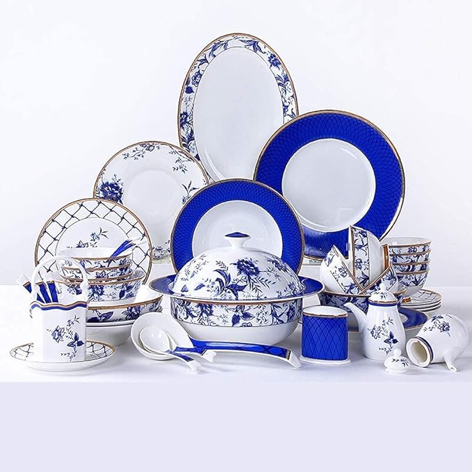 Ceramic Tableware Set, Bowls/Plates/Saucers/Spoons | Bone China Tableware Set, Modern Blue and White Porcelain Pattern Set, 60 Pieces.,-60pieces