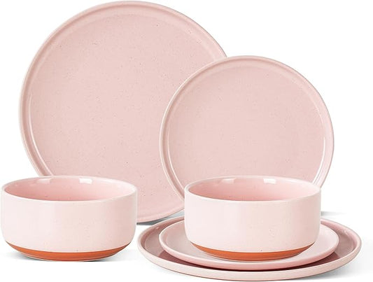 Plates and Bowls Sets, 6Piece Ceramic Dinnerware Set for Family and Gatherings,Dishes Set for 2,Dishwasher & Microwave Safe, Handcrafted Dishware Sets，Elegant Pink