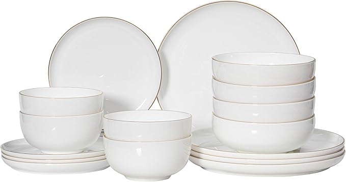 Perlaceo Luxurious Collection of 12-Piece White with Gold Rim Bone China Dinnerware Set - Lightweight and Durable - Service for 4, Including Dinner Plates, Salad Plates, and Cereal or Soup Bowls