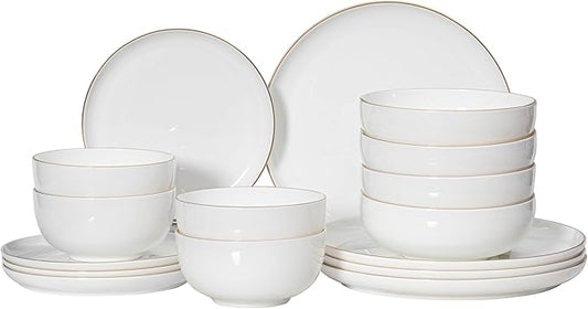Perlaceo Luxurious Collection Bone China Dinnerware Set-Lightweight and Durable-Service for 4 or 8, Including Dinner, Salad Plates, and Cereal or Soup Bowls, 16-Pc, White w/Gold Rim