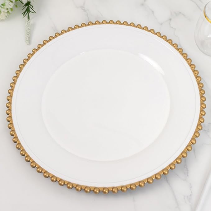 13" Charger Plates - Set of 12 - White/Gold Round Acrylic Disposable Chargers with Beaded Rim, Ideal for Dinner Party Wedding Bulk Events