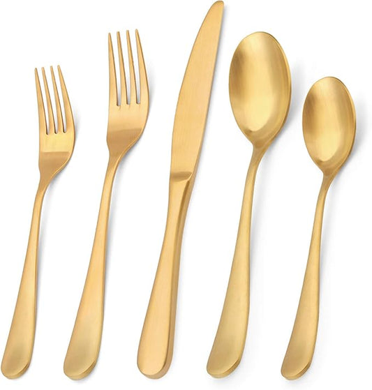 Matte Gold Silverware Set, Bysta 20-Piece Stainless Steel Flatware Set, Kitchen Utensil Set Service for 4, Tableware Cutlery Set for Home and Restaurant, Satin Finish, Dishwasher Safe