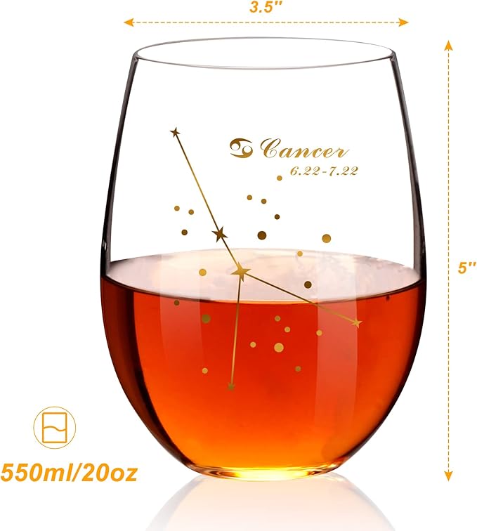 HOHY Cancer Zodiac Wine Glass 20 Oz, Cancer Zodiac Birthday Horoscope Gifts for Women, Birthday Wine Glass Astrology Constellation Christmas Gifts for Women, Constellation Wine Glasses Golden