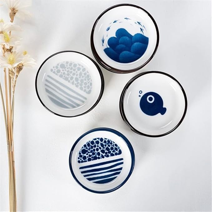 Japanese Retro Ceramic Side Dishes Set of 4, Ceramic Sauce Dipping Bowls Porcelain Side Dish Bowl, 3.54 Inch Mini Seasoning Dish for Ketchup, Sushi, Snack, BBQ and Other Party Supplies