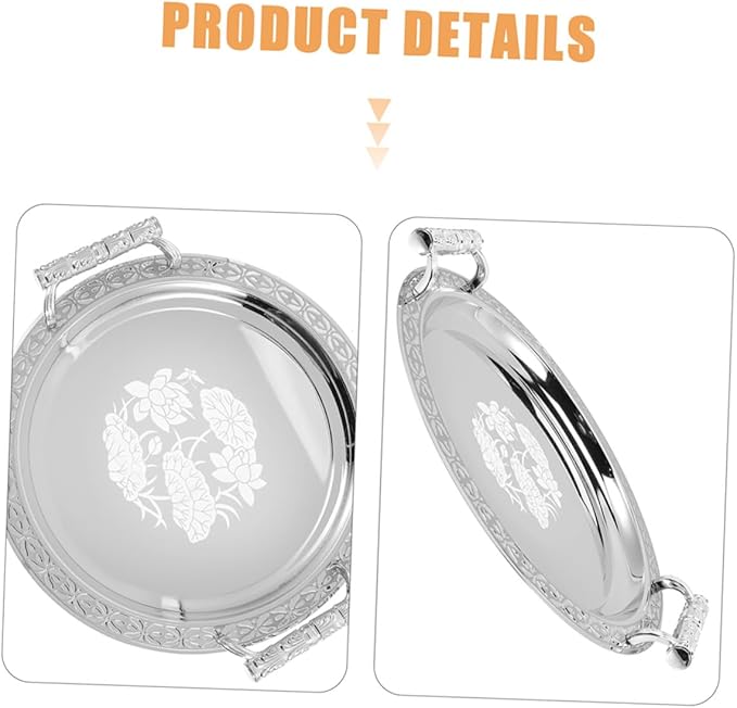 Uonlytech European Style Decorative Round Serving Tray Silver Pattern Multipurpose Fruit Candy Dessert Plate Jewelry Holder for Residential and Hospitality Use