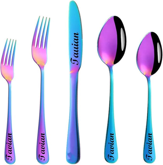 Stainless Steel Customized Flatware Set,Engraving Name Knife Forks Spoon,Personalized names will be engraved on your tableware, Customized Birthday Christmas Gift Multicolor
