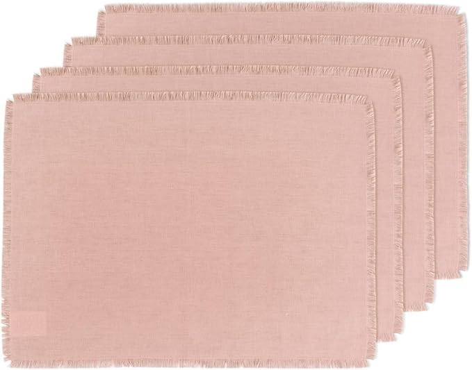 Solino Home Fringe Linen Placemats Set of 4 - Misty Pink Placemats 14 x 19 Inch - 100% Pure Linen Table Mats for Christmas