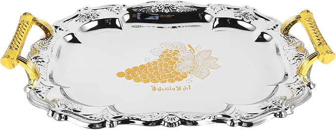 Luxshiny Stainless Steel Serving Tray with Handles European Style Vintage Platter for Snacks Beverages and Appetizers for Home Restaurant and Event Use