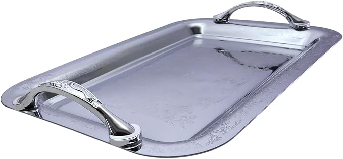 (Pack of 3 11.4 inch x 7.9 inch Oblong Chrome Plated Mirror Silver Serving Tray with Handles Stylish Design Floral Engraved Edge Decorative Party Birthday Wedding Platter Plate CC-1054