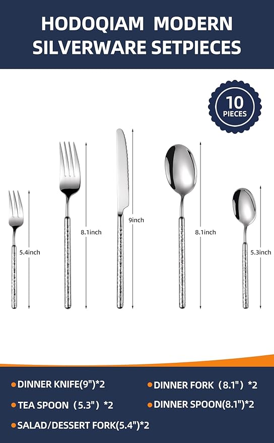 10-Piece Silverware Set, Stainless Steel Flatware Set for 2, Modern Hammered Utensil Tableware Set Include Dinner Knife/Fork/Spoon, Mirror Finish, Dishwasher Safe (10, silver)