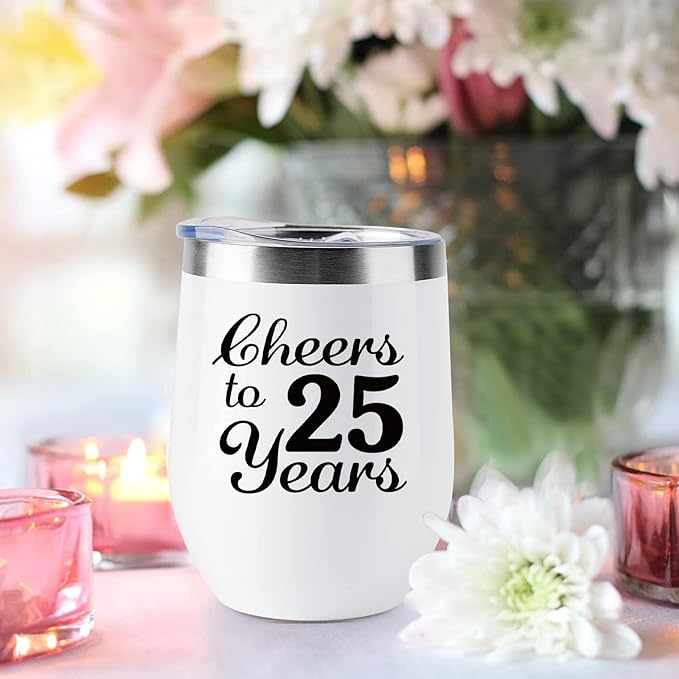 25th Anniversary Wedding Gifts for Couple Gifts for Silver Anniversary Twenty Five Years Anniversary Decorations 2 Pack Wine Tumbler 12 OZ