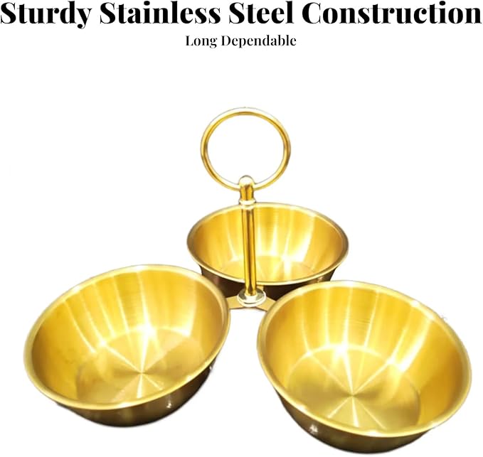 Snack Serving Bowl Divided Serving Tray Chip Dips Serving 3 Section Snack Stand with Bowls for Candy Dessert Fruit Sauce Dips, Gold