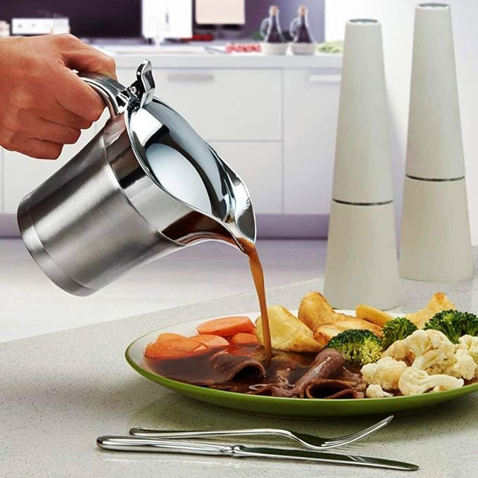 2PCS Gravy Boat, 16 OZ/450 ML Stainless Steel Double Insulated Sauce Jug Creamer Pitcher with Hinged Lid for Gravy or Cream