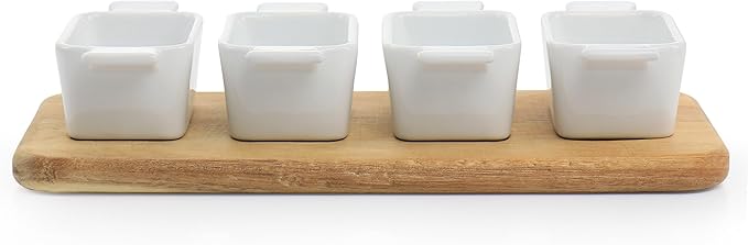Gibson Elite Gracious Dining 5 Piece Fine Ceramic Tidbit Dish Set with Acacia Wood Base