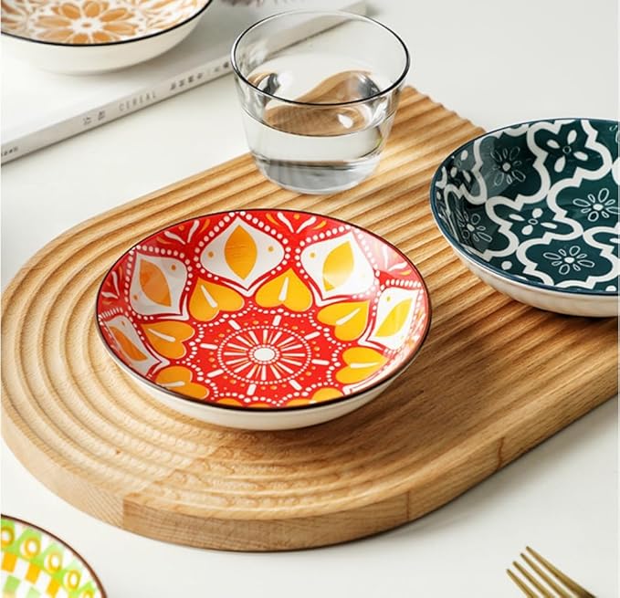 Set of 4 10 OZ Colorful Ceramic Dessert Bowls Bohemian 6 inch Serving Dishes Cute Shallow Bowls for Appetizer,Side Dishes,Sushi,Salad,Snack,Icecream,Fruit,Microwave Dishwasher Safe