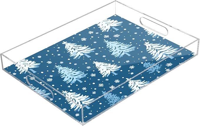 Serving Tray with Handles Clear Acrylic Tray 12x16 Inch Decorative Rectangular Tray Organizer for Ottoman Coffee Table Bathroom Winter Snow Trees Blue