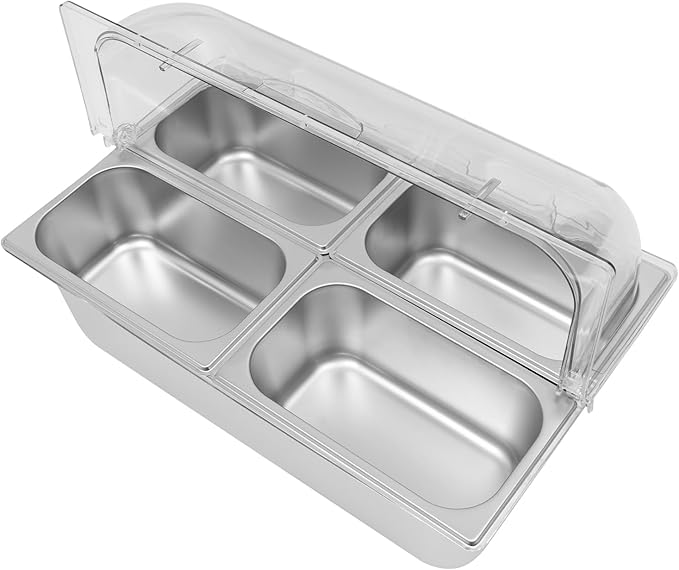 4 Pans Ice Food Serving Display Container w/Clear Roll Top Cover, Stainless Steel Serving Tray Catering Supplies Buffet Display Condiment Dispenser Plate Case for Restaurant Hotel Kitchen