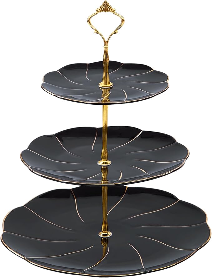 DUJUST Luxury Larger 3-Tier Cupcake Stand Tower, British Style Porcelain Serving Tray with Golden Trim, Food Grade Dessert Display Stand for Tea Party & Home Décor - 45% Black Larger Plates