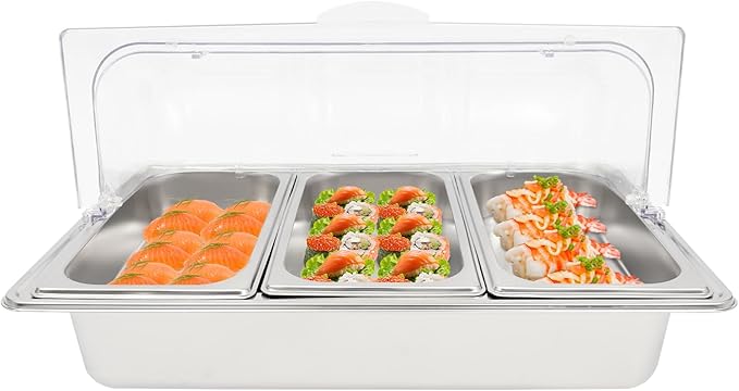 3 Pan Stainless Steel Food Serving Tray, Countertop Food Serving Display Container with Clear Roll Top Cover & Buckles, Buffet Food Display Container for Buffets, Parties, Hotels, Weddings