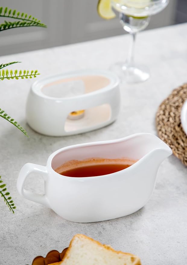 Nucookery Large 18 Oz Gravy Boat with Warmer, White Fine Porcelain Saucier With Big Dripless Lip Spout, Gravy Bowl For Thanksgiving, Warming Sauces, Salad Dressings, Microwave & Freezer Safe(Set of 2)