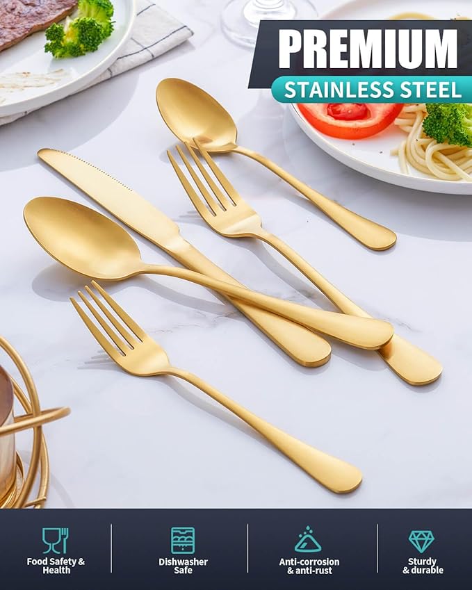 20-Pieces Matte Gold Silverware Set for 4,Stainless Steel Rustic Flatware Set,Modern Cutlery Utensils Set,Spoons and Forks Set for Restaurant,Dishwasher Safe
