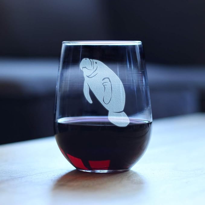 Bevvee Manatee Stemless Wine Glass - Funny Ocean Animals Themed Decor and Gifts for Sea Creature Lovers - Large 17 Oz