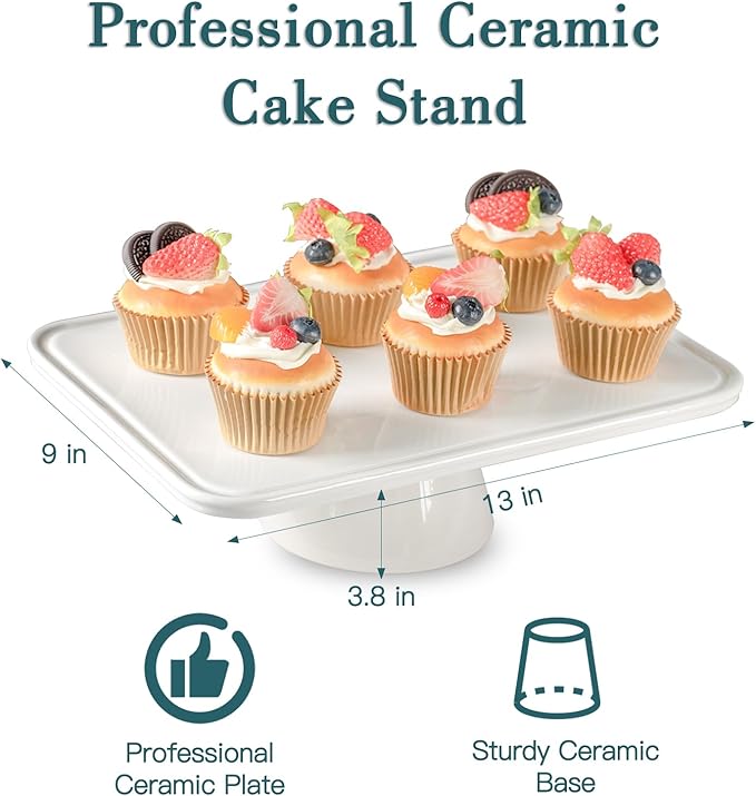Cake Stand, 13 Inch Rectangular Ceramic Cake Stands for Party, Elegant Wedding Cake Plate for Dessert Table, Dessert and Cupcake Stand for Birthday Party and Baby Shower, White