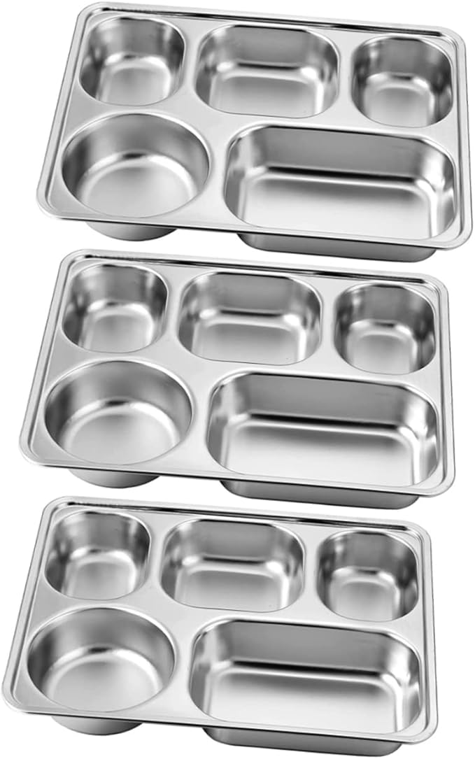Zerodeko 3pcs Stainless Steel Divided Dinner Plate for Adults Cafeteria Tray Serving Platter Lunch Tray