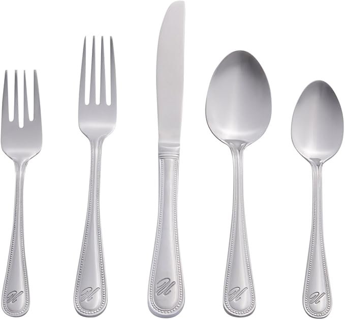 RiverRidge Monogrammed Beaded Flatware Set - U - 46-Piece Silverware with Custom Letter Stamp, 18/0 Stainless Steel Utensils Set for Daily Use & Special Occasions - Dishwasher Safe, Versatile Design