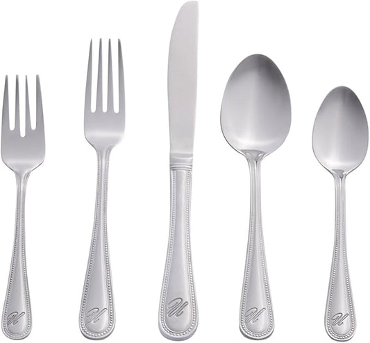 RiverRidge Monogrammed Beaded Flatware Set - U - 46-Piece Silverware with Custom Letter Stamp, 18/0 Stainless Steel Utensils Set for Daily Use & Special Occasions - Dishwasher Safe, Versatile Design