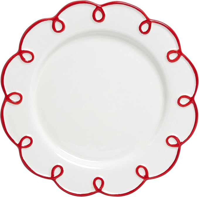 Sango 12-Piece Earthenware Dinnerware Set for 4, Glossy White Plates and Bowls Sets with Red Scalloped Rims, Premium Dish Set, Holiday Dishes for Gifting & Hosting Christmas Party, Splash of Cheers