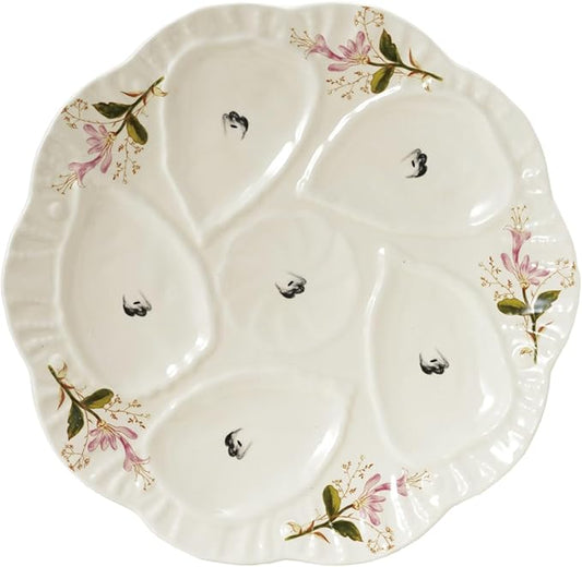 Creative Co-Op Scalloped Stoneware Oyster Plate with Floral Design, Cream