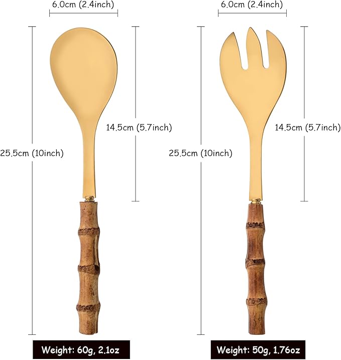 Salad Servers - 10.0 inch Serving Spoons and Forks Set of 6 - Include 3 Large Spoon and 3 Large Fork - Gold Stainless Steel Serving Utensils with Bamboo Handle