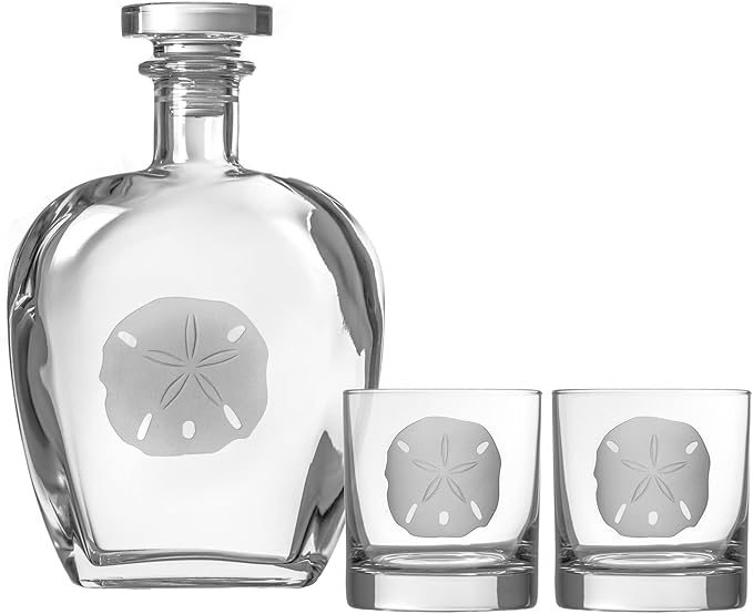 Rolf Glass Sand Dollar 3-Piece Whiskey Decanter Set with 2 On the Rocks Glasses and Airtight Stopper | Elegant Lead-Free Glass for Bourbon, Scotch, Rum, and Liquor | Sand Engraved in the USA