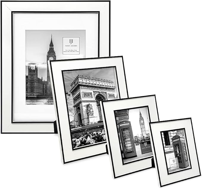 Isaac Jacobs 4x6 White w/Black (Vertical & Horizontal) Double Border Picture Frame w/Black Fabric Easel, Wall-Mountable, Made for Tabletop & Gallery, Home or Office (4x6, White W/Black)