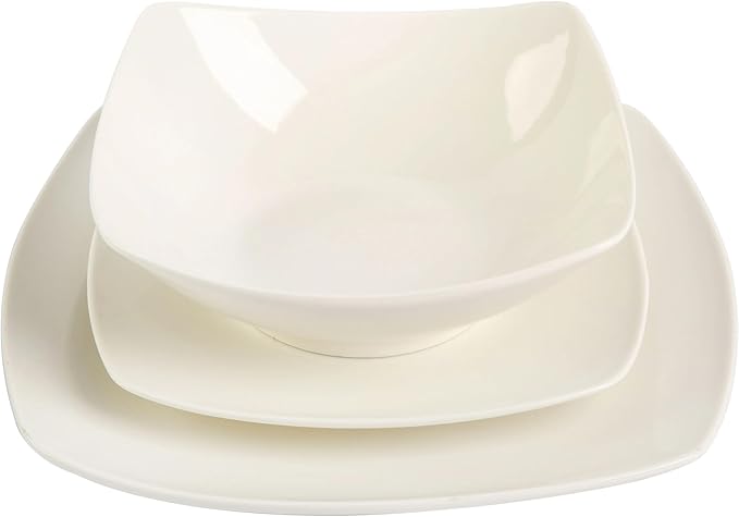 White Square Stoneware Dinnerware Set 12-Piece, Everyday Dishware Set for Home & Apartment, Durable & Stylish Tableware