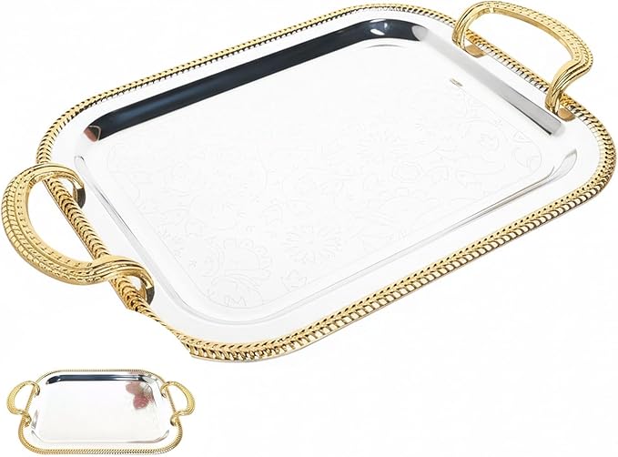 Rectangular Serving Tray in Silver with Gold Trim, Large Metal Serving Tray with Handles for Parties, European Style Tray for Food and Drink Service