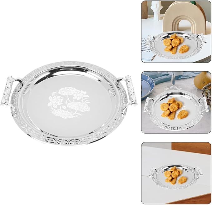 European Style Round Pattern Fruit Serving Tray Silver Decorative Dessert Table Plate Candy Holder for Home Kitchen Dining