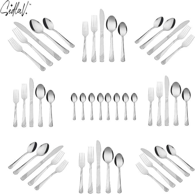 SEDLAV Swirl 49 Piece Stainless Steel Flatware Set & Organizer Tray - Service for 8, Modern Dining Utensils Collection