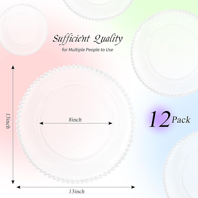 12 Pack Clear Charger Plates with Beaded Rim, 13 Inch Plastic Chargers for Dinner Plates Acrylic Round Tabletop Decoration for Home Kitchen Catering Wedding Table Event Party Dinner (Clear)