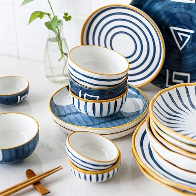 Porcelain Dinnerware Set, 28 Pieces Japanese Style Ceramics Dinner Sets | Plate/Bowl - Tableware Combination Set for Restaurant, Blue