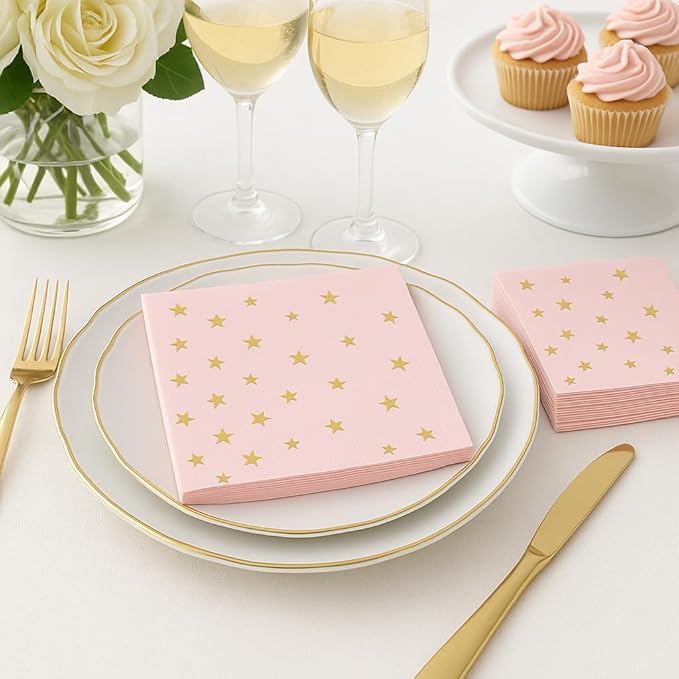100 Pink Cocktail Napkins with Gold Foil Stars - Elegant 2- Ply Disposable Beverage Napkins for Weddings, Birthdays, Baby Showers, Bridal Parties & Events