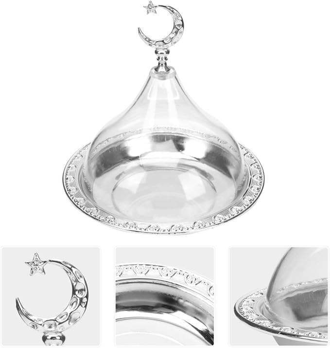 Zerodeko Eid Mubarak Cake Stand with Dome Lid Ramadan Cake Plate with Acrylic Cover Metal Muslim Dessert Holder Serving Tray for Eid Mubarak Party, 17x17cm, Silver, E191567BN3