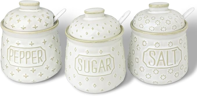 GDCZ 10 Oz Sugar Pepper and Salt Bowls with Lid and Spoon, Ceramics Seasoning Container, Seasoning Jar Spice Container for Kitchen,Dishwasher Safe, Set of 3 (White)