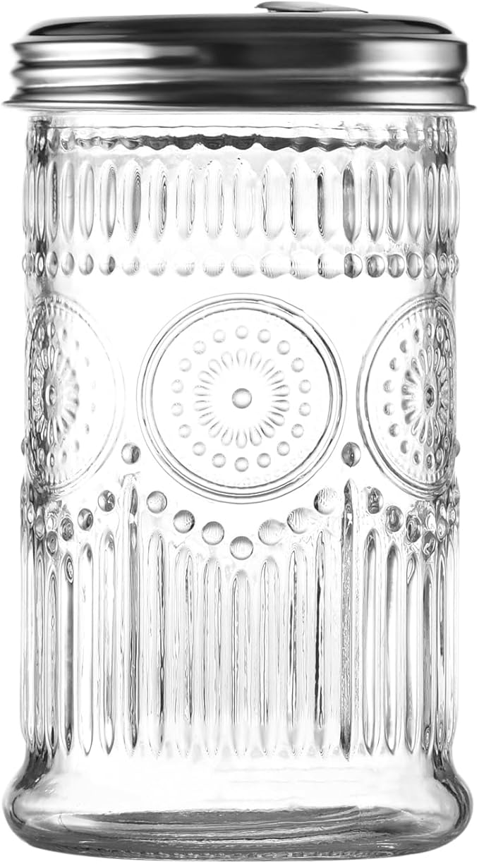 Glass Sugar Shaker Dispenser 12oz, Stainless Steel Flip Top Lid for Easy Pouring, Sugar Pourer for Sugar, Powdered Sugar, Parmesan, Cinnamon, & Spices (Sunflower)