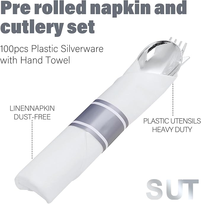 SUT 100 Pack Pre Rolled Silverware Set Disposable, 400 Pcs Silver plastic utensils Include 100 Forks, 100 Knives, 100 Spoons, 100 Napkins, Plastic Cutlery, Wrapped Silverware Set Disposable for Party