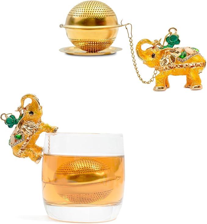 Stainless Steel Metal Tea Ball, 1.37-inch Tea Strainer, Crystal Diamond Elephant Tea Infuser for Loose Leaf Tea Festival Gifting and Personal Use, Gift Box Packaging（Gold）