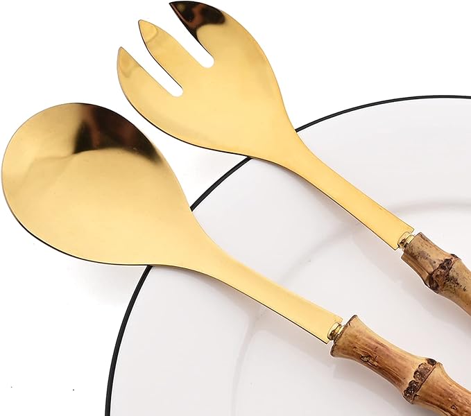 4 Piece Bamboo Handle Serving Set Utensils, 304 Stainless Steel Long Hanlde Serving Fork Spoon For Kitchen Buffet Banquet Wedding Party Cooking (4 Spoons, Gold)
